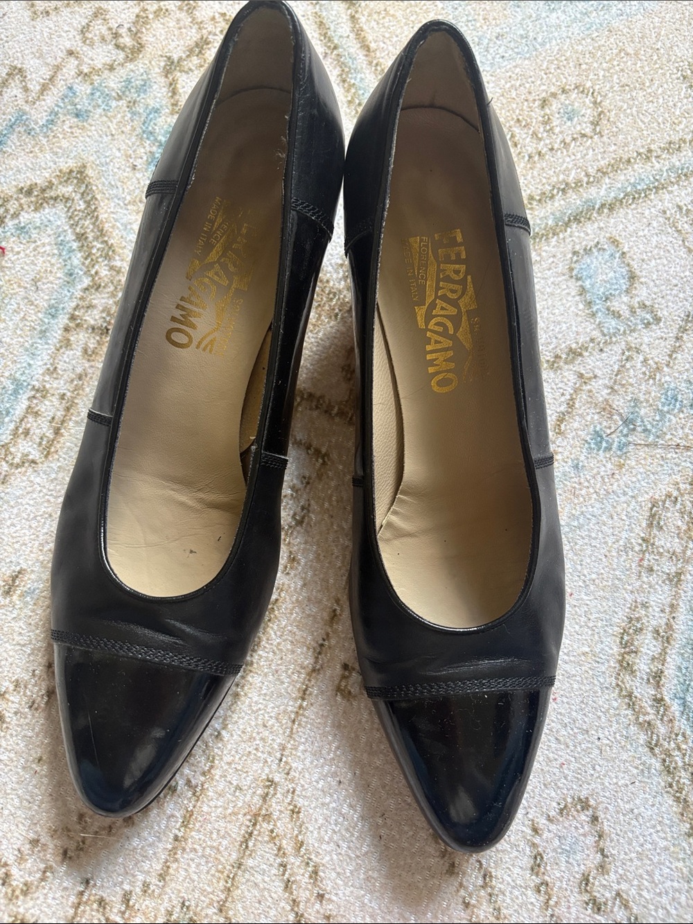 Salvatore Ferragamo Black Leather Pointed Toe Pumps with Patent Cap